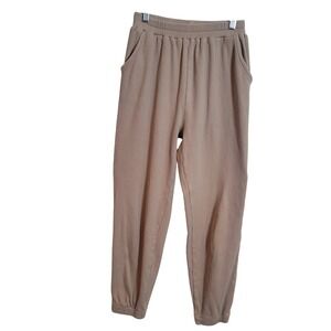 Mable Ribbed Knit Joggers Taupe Tan Elastic Waist Pockets Size Small Cozy